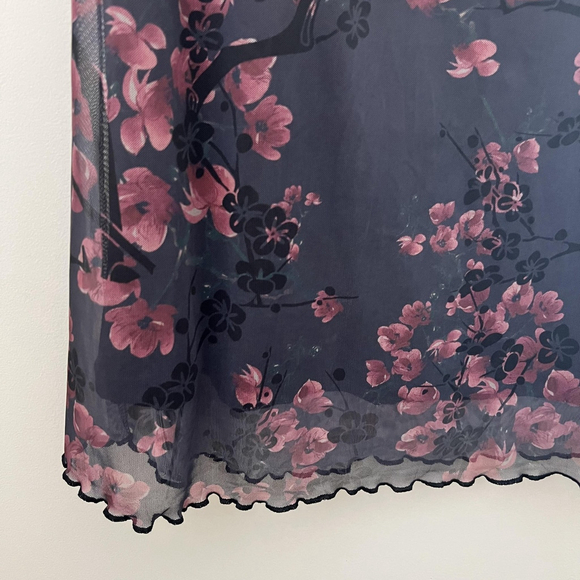 Womens Midi Skirt XL Black Pink Floral Mesh Whimsigoth Dark Fairy Grunge Boho - Picture 4 of 7